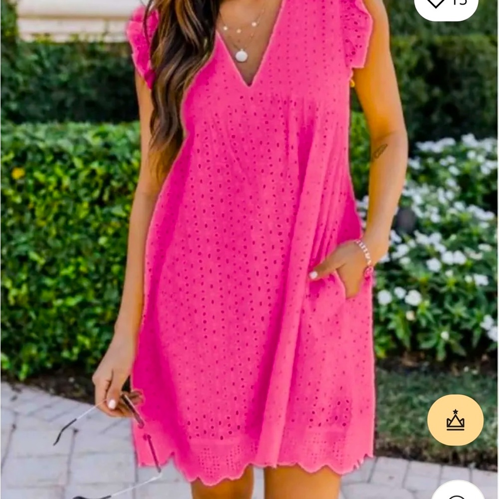 Viral hot pink eyelet fabric romper/dress with pockets size small. Never worn!